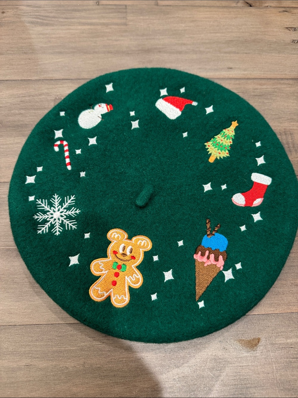 Disney inspired Holiday Green Felt beret with Festive Embroidery